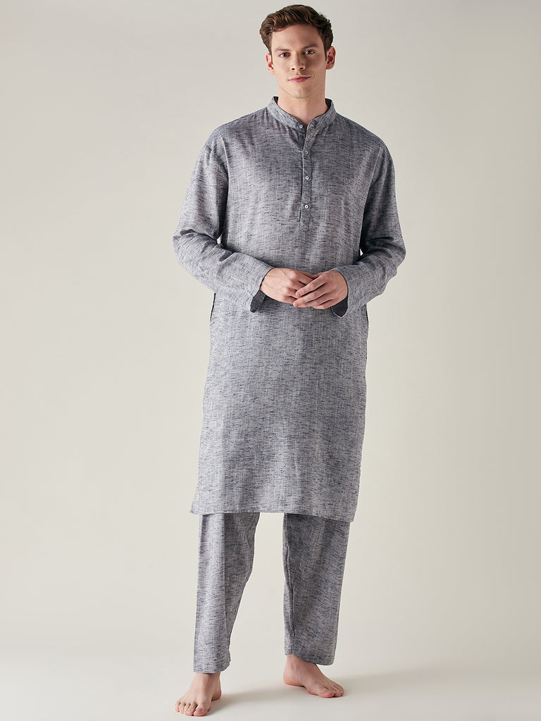 Grey Slub Cotton Pathani Kurta and Pyjama Set