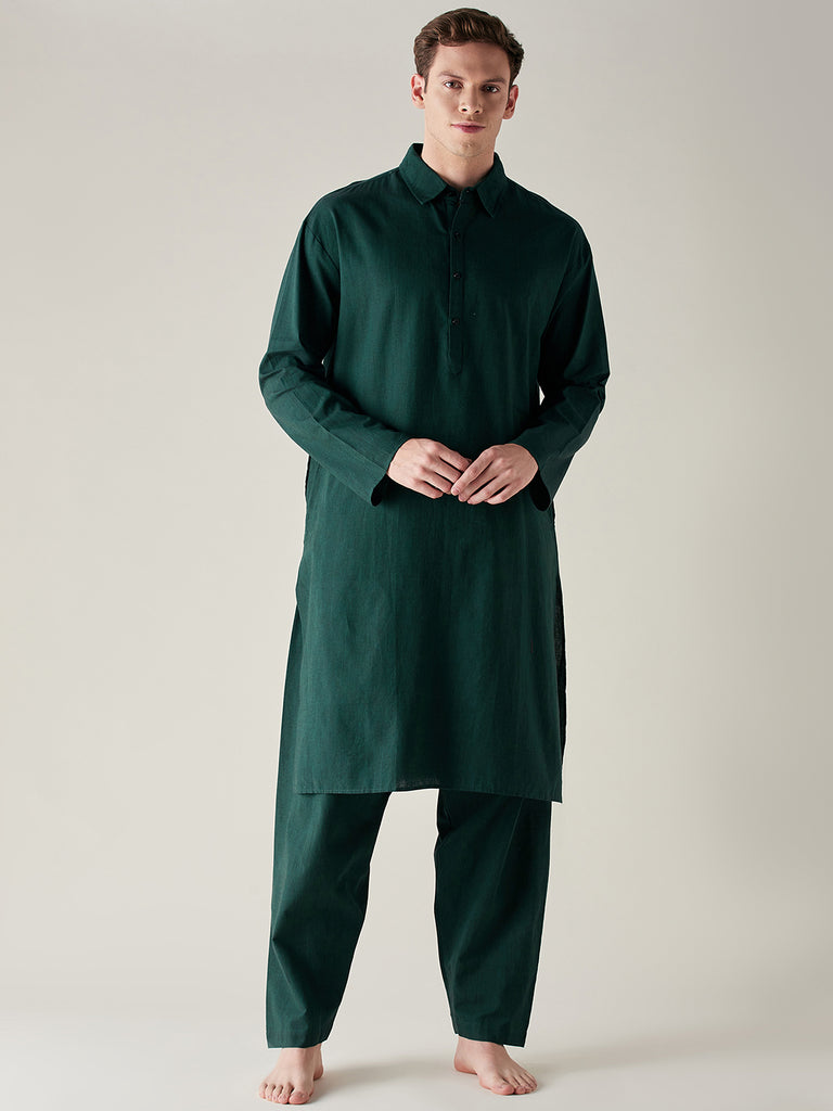 Green Slub Cotton Pathani Kurta and Pyjama Set