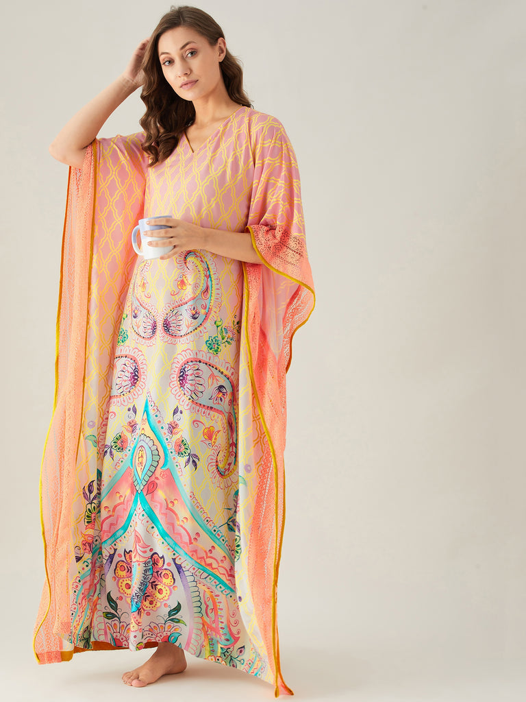 Pink and yellow ombre paisley print kaftan with complimenting lace patch