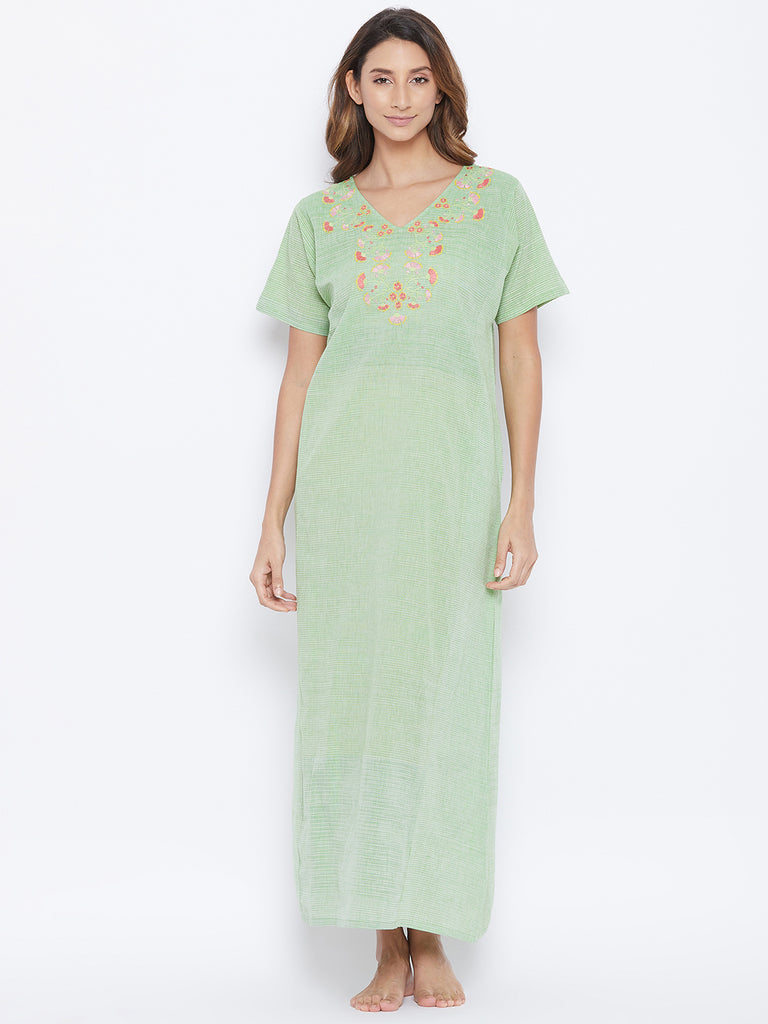 Pastel green cotton nightdress with embroidered neckline and paneling detail