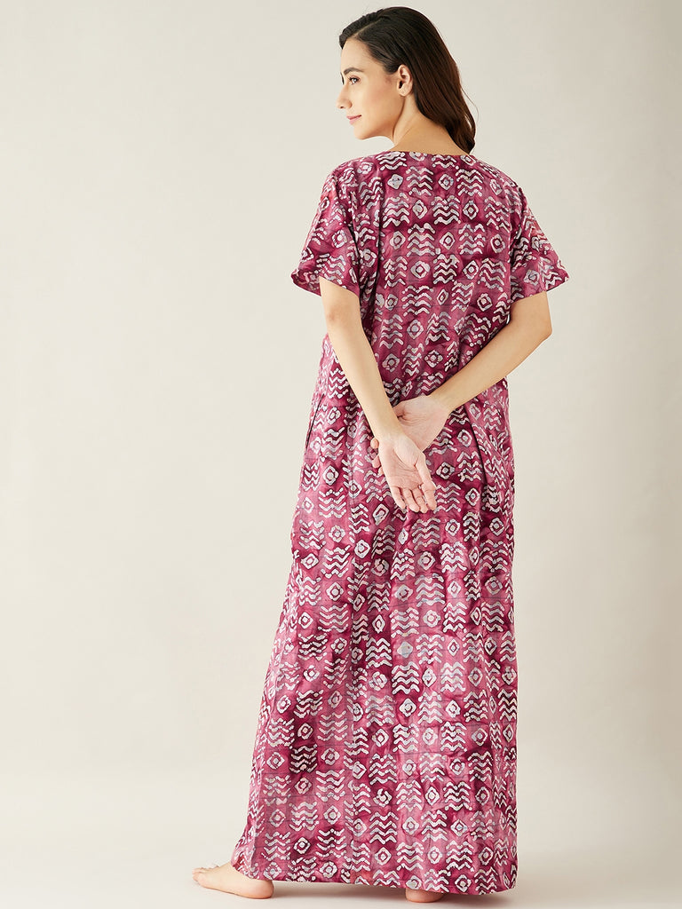 Rosewood Pink Batik Printed Maternity Night Dress