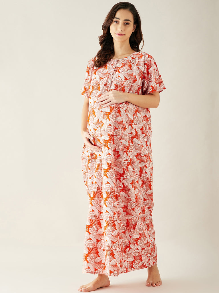 Orange Digital Printed Maternity Night Dress