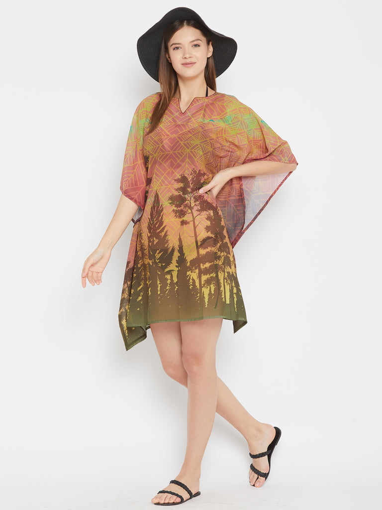 Forest Brown Printed Kaftan Coverup