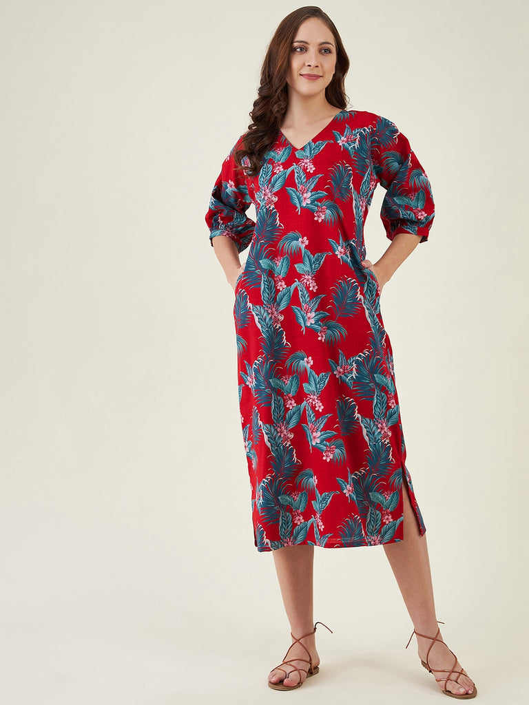 Red Tropical Paradise Casual Linen Dress