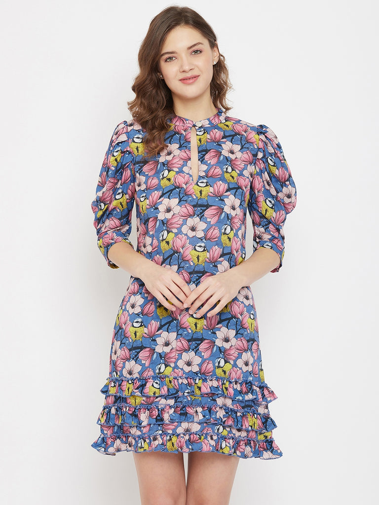 Pink Poppies Modal Resort Dress with Keyhole detailing and Pleated Sleeves