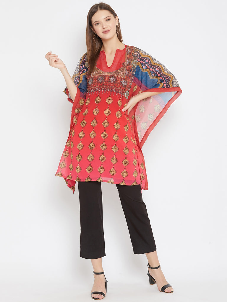 Red Kaftan Top With Embroidery Highlight Along Neckline