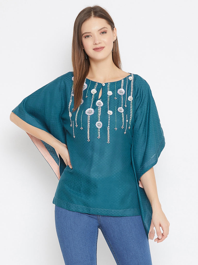 Teal Blue Kaftan Top With Sequin Embroidery Detail