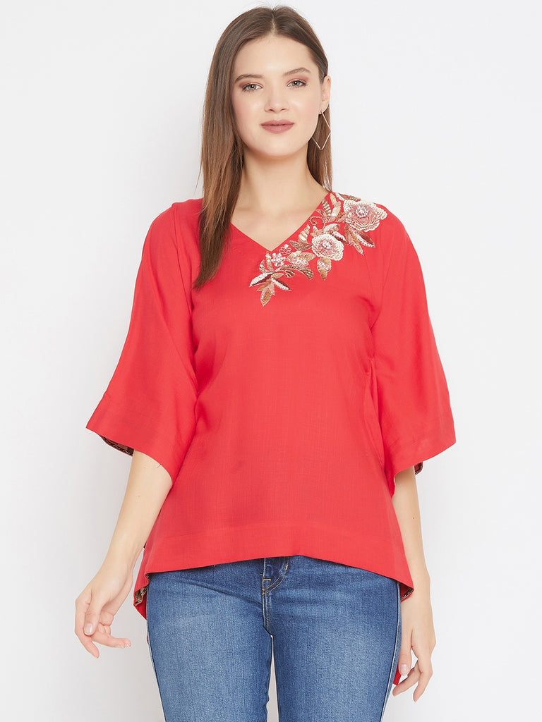 Red Kfatan Top With Asymmetric Embroidery Detail Along Neckline
