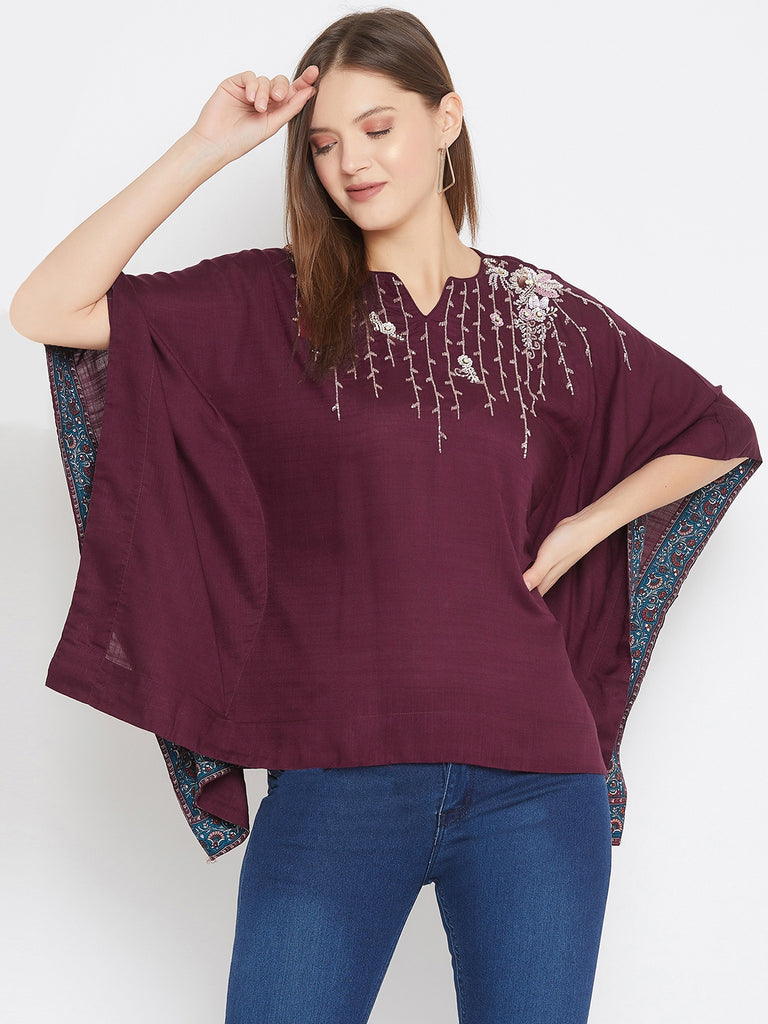 Wine Kaftan Top With Embroidery Detail 