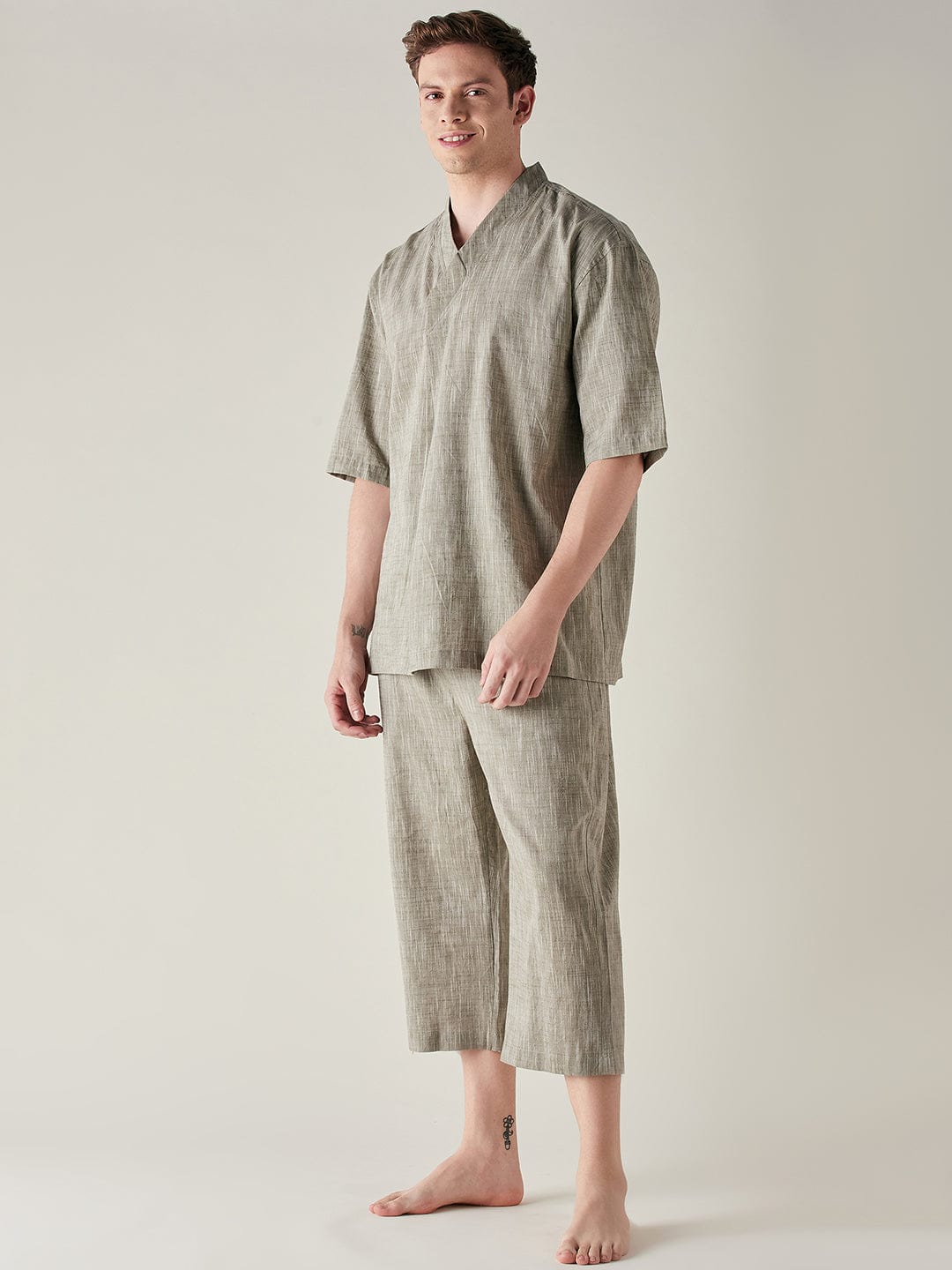 The Kaftan Company Capri set Mens Olive Slub Cotton Angrakha Top and Capri Set