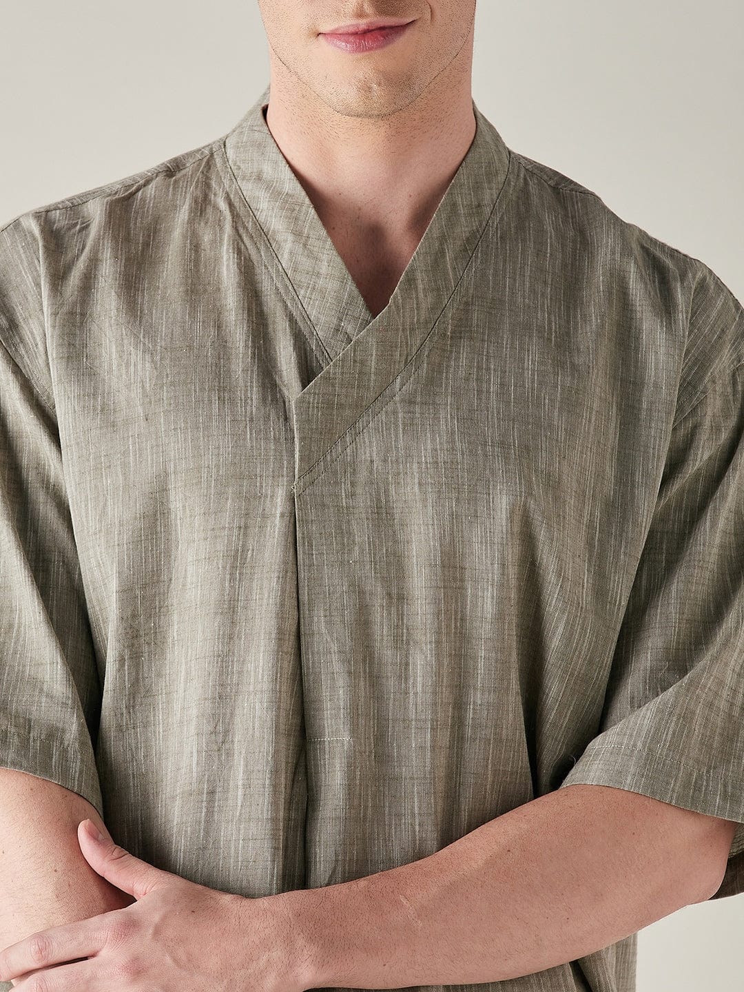 The Kaftan Company Capri set Mens Olive Slub Cotton Angrakha Top and Capri Set