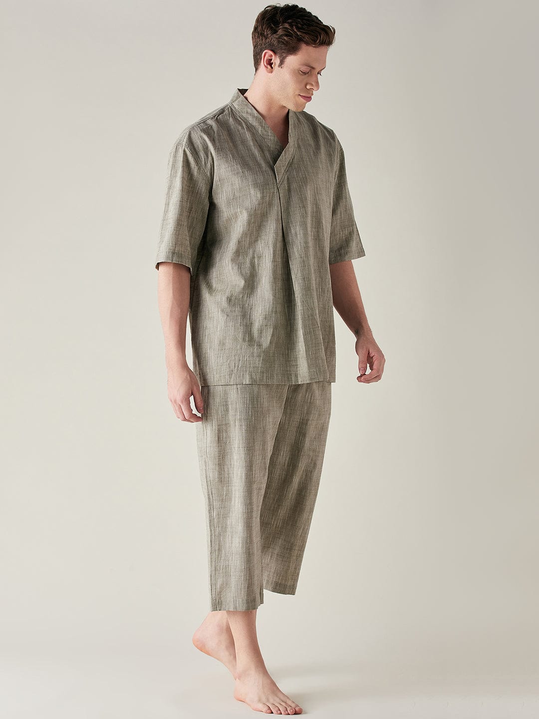The Kaftan Company Capri set Mens Olive Slub Cotton Angrakha Top and Capri Set