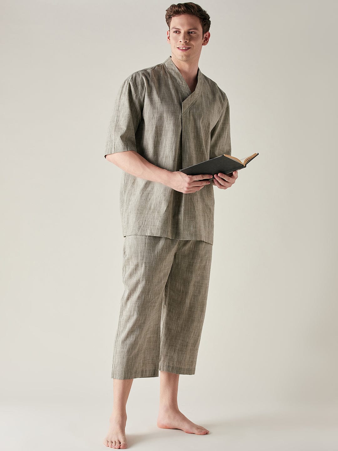 The Kaftan Company Capri set Mens Olive Slub Cotton Angrakha Top and Capri Set