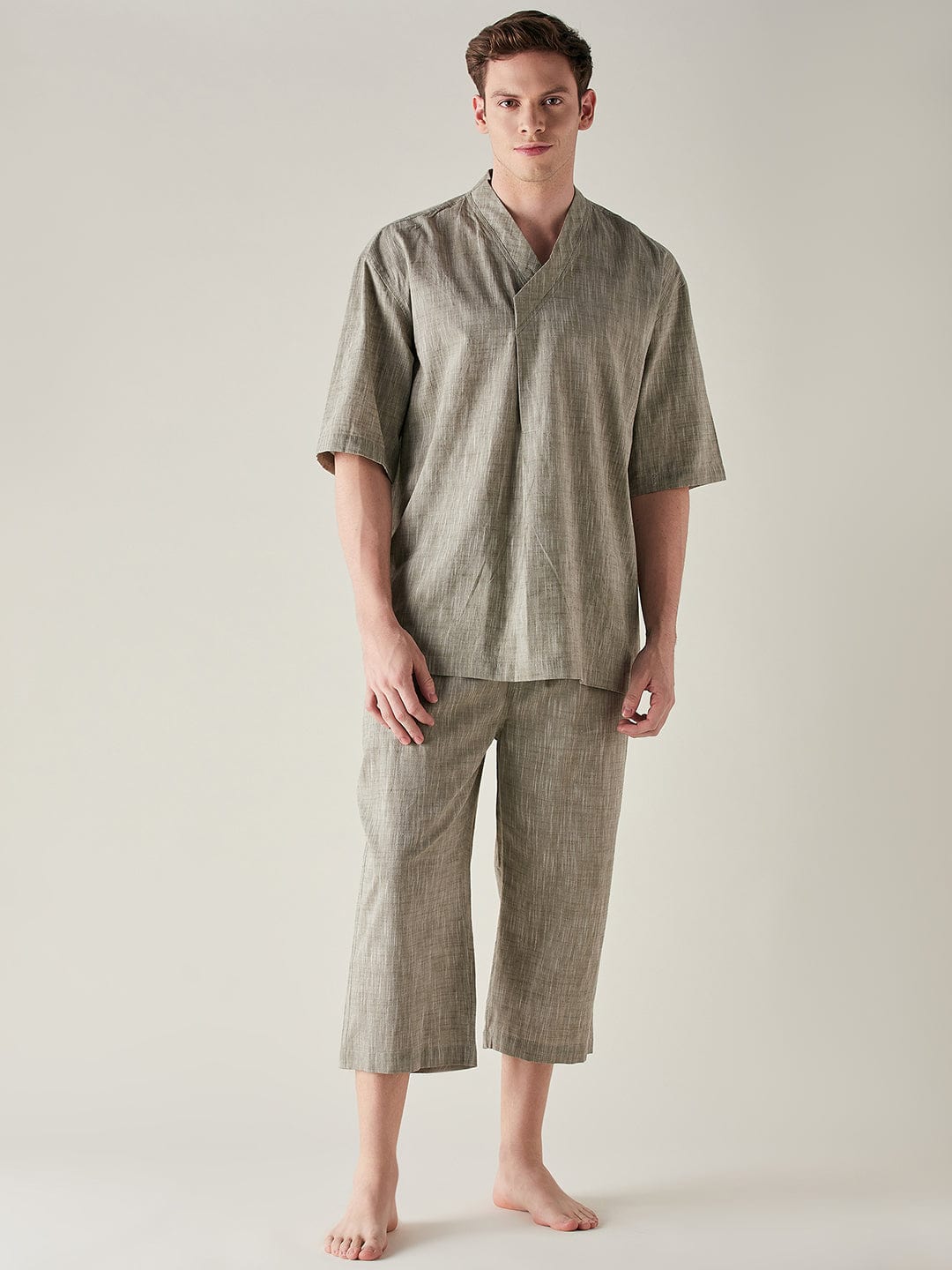 The Kaftan Company Capri set Mens Olive Slub Cotton Angrakha Top and Capri Set