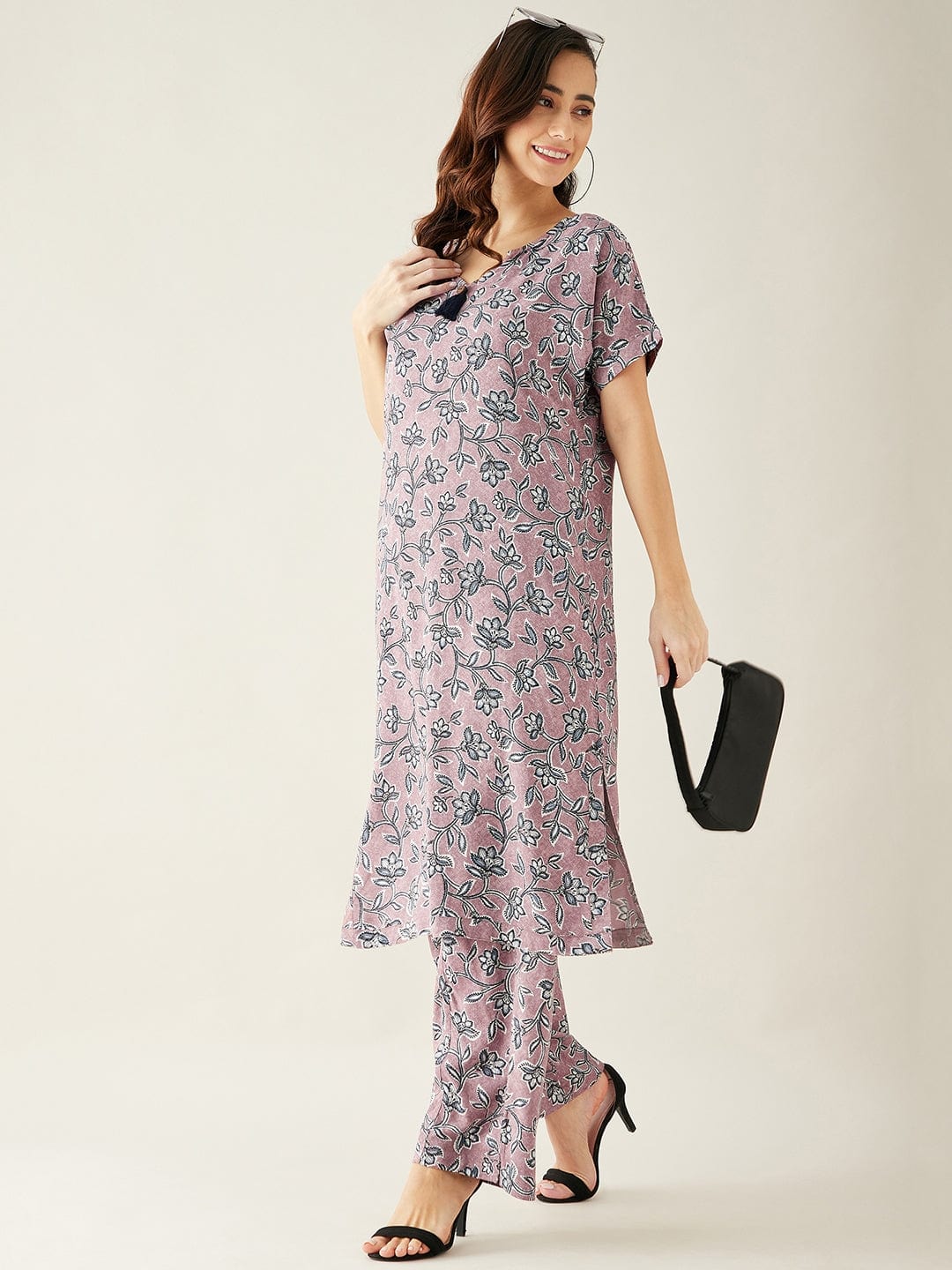 The Kaftan Company Co-ord Mauve Floral Printed Co-ord Set (Final Sale)