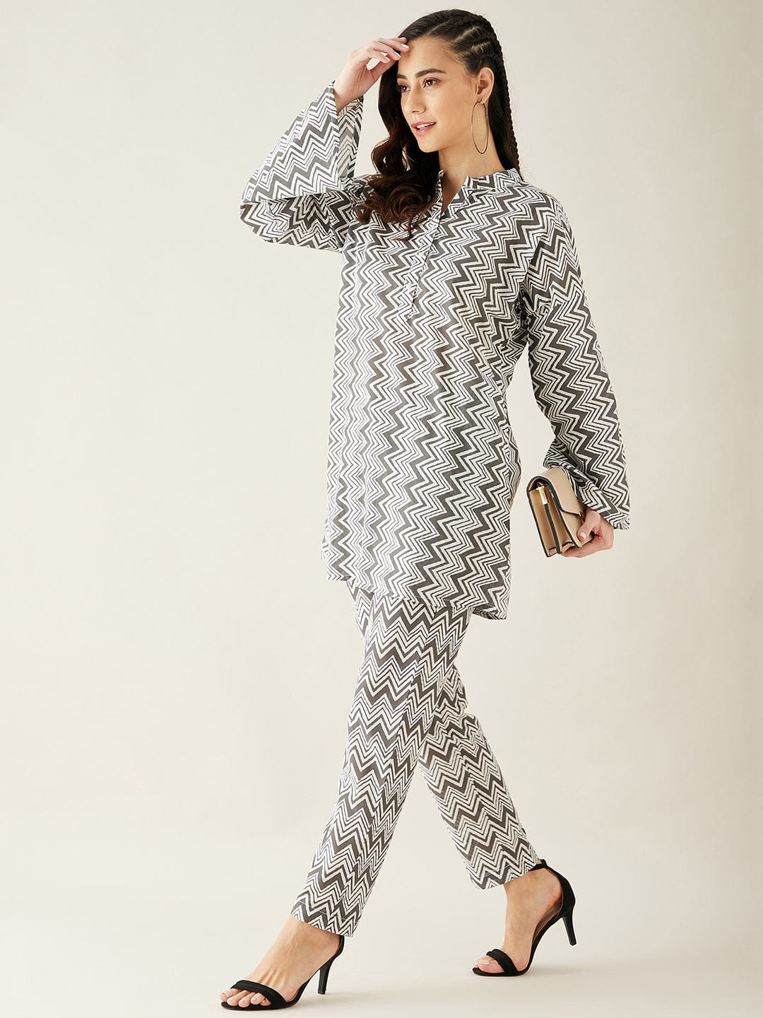 The Kaftan Company Co-ord White Geometric Printed Co-ord Set