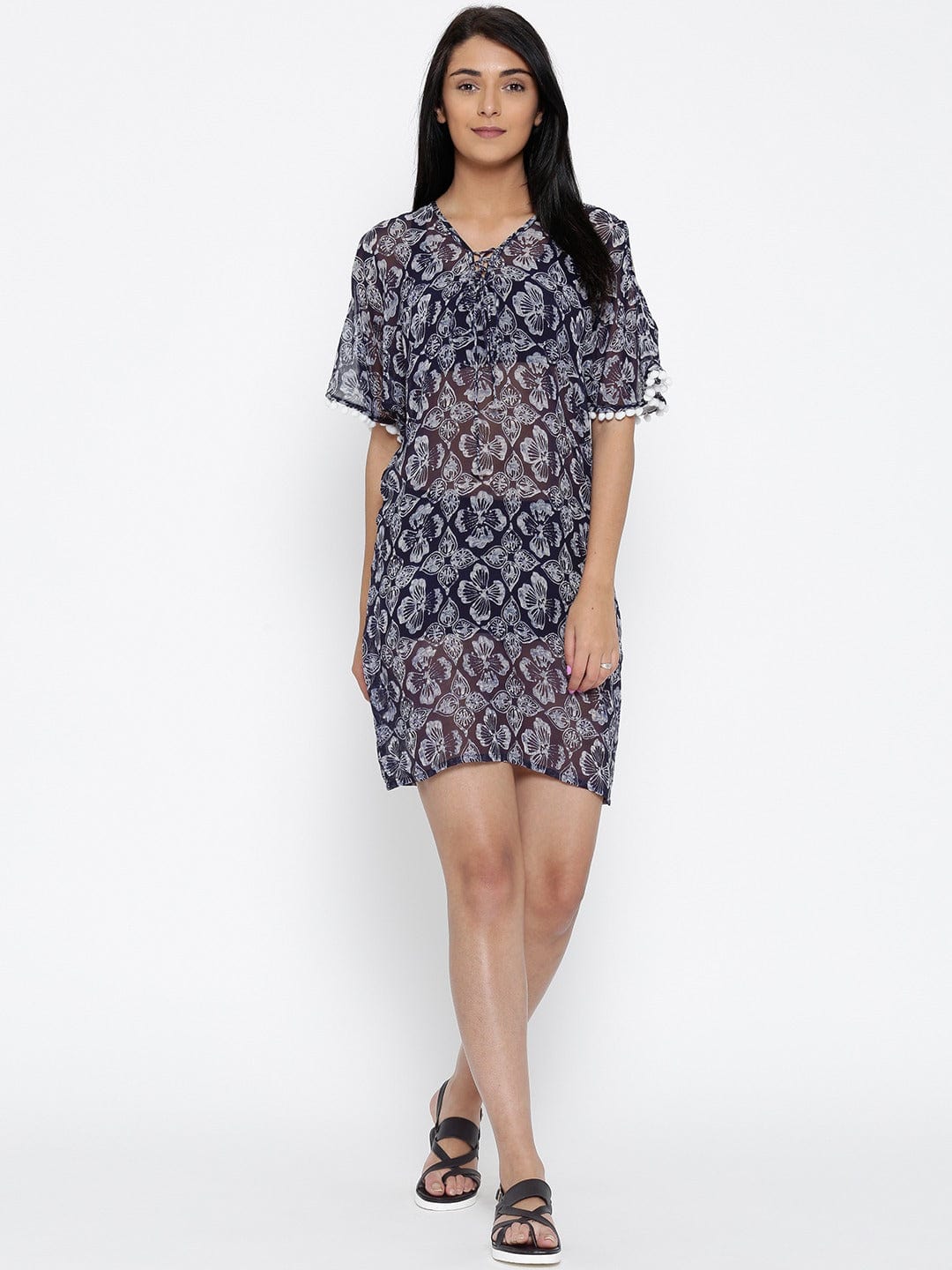 The Kaftan Company Cover-Up Navy & Off-White Printed Sheer Cover-Up Dress - (Clearance - Final Sale)
