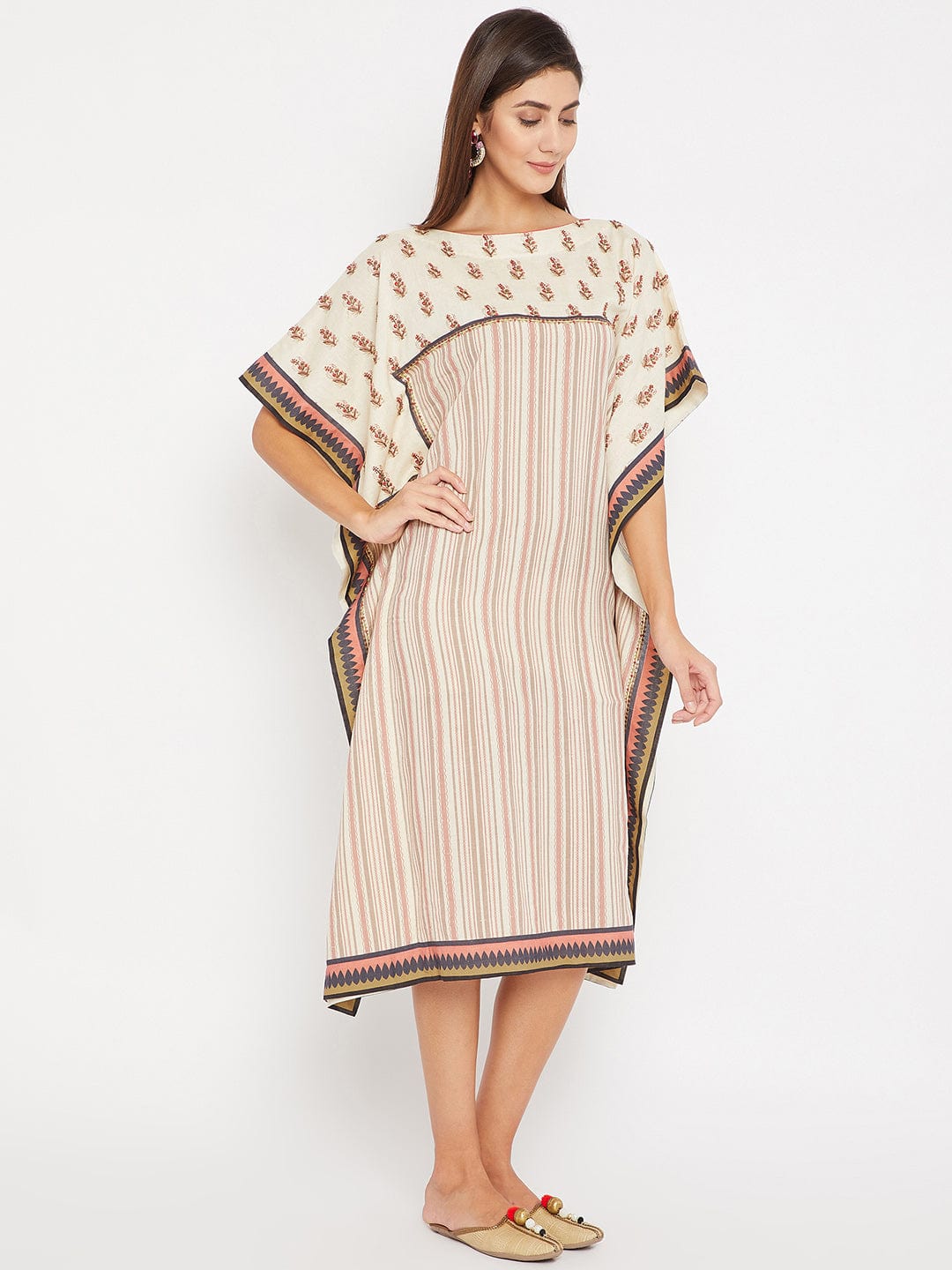 The Kaftan Company Dresses Embroidered Buta with Stripes Linen Kaftan Dress
