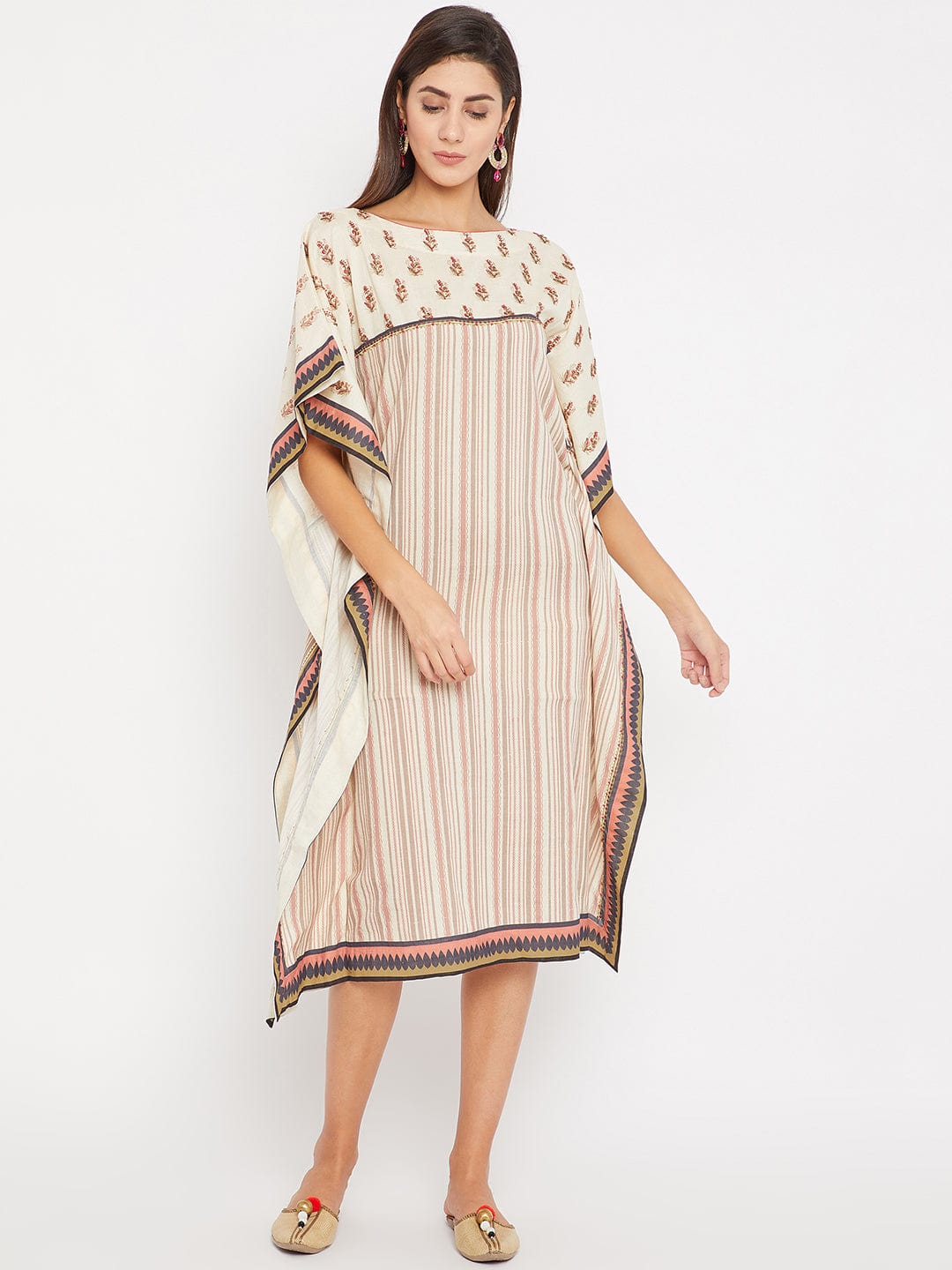 The Kaftan Company Dresses Embroidered Buta with Stripes Linen Kaftan Dress