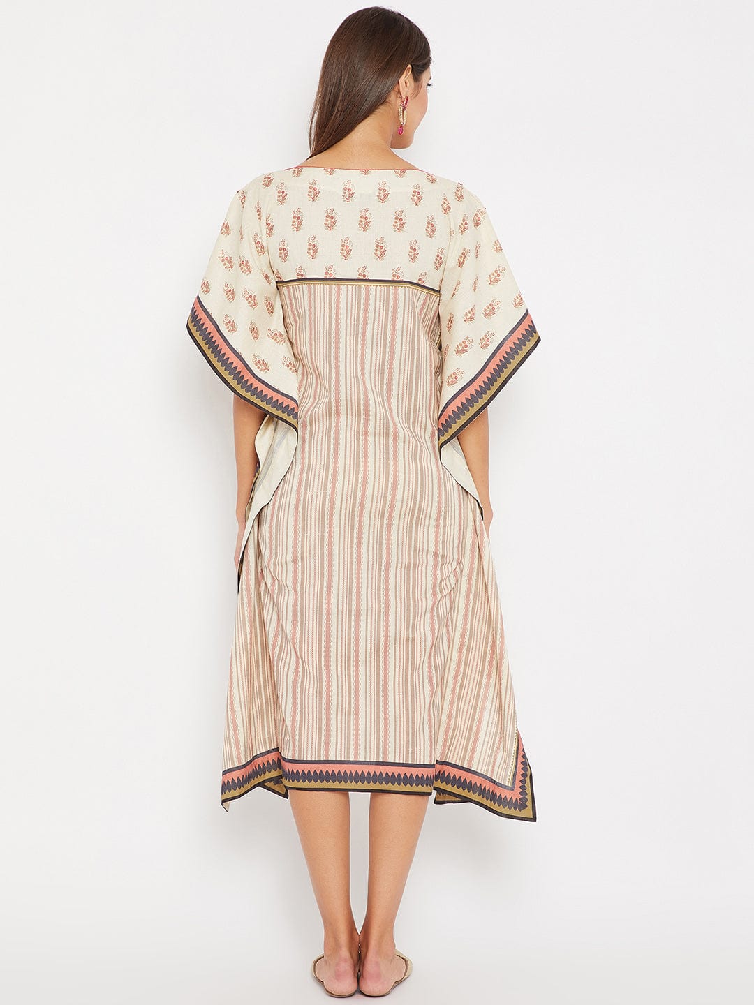 The Kaftan Company Dresses Embroidered Buta with Stripes Linen Kaftan Dress