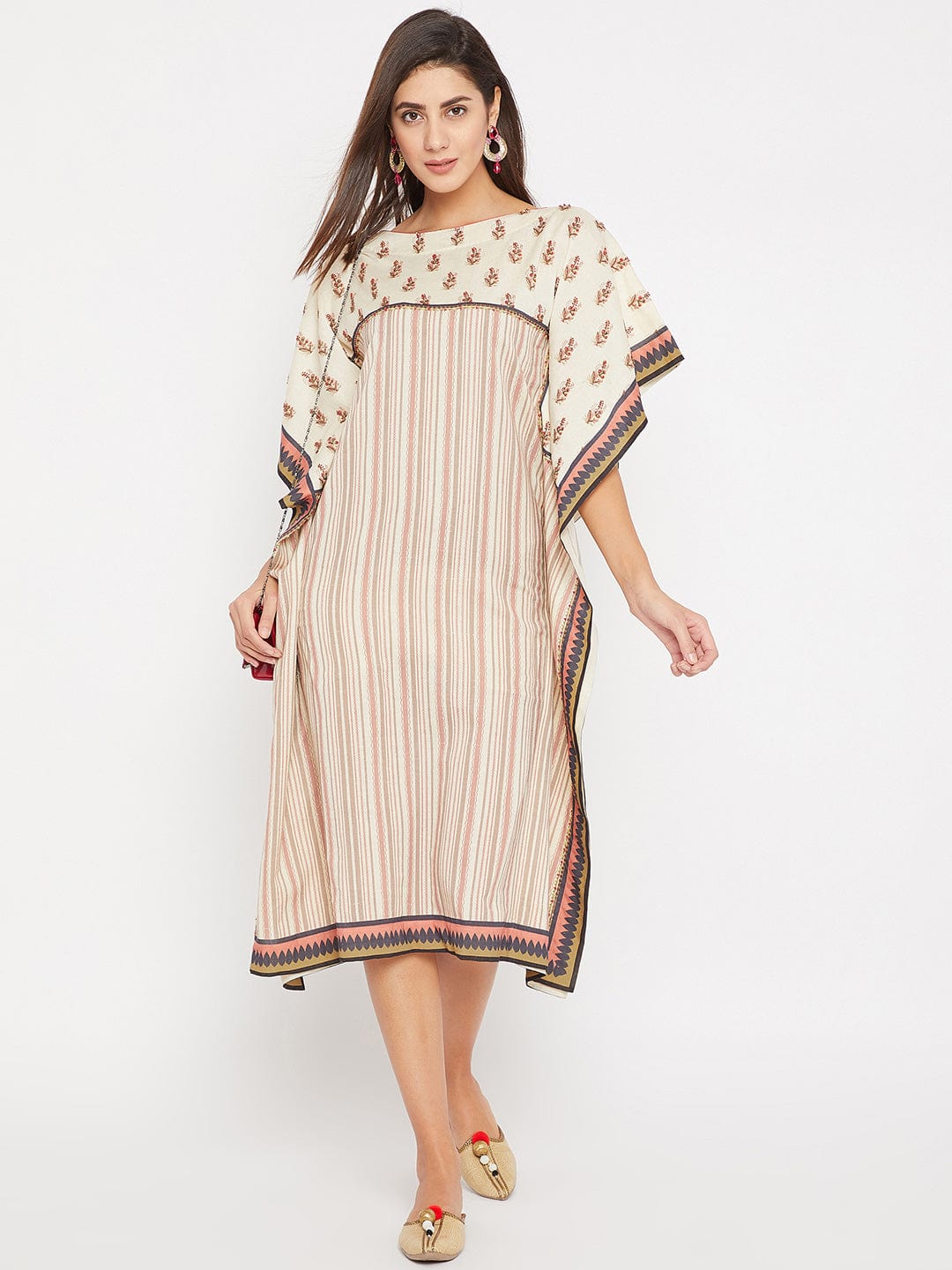 The Kaftan Company Dresses Embroidered Buta with Stripes Linen Kaftan Dress