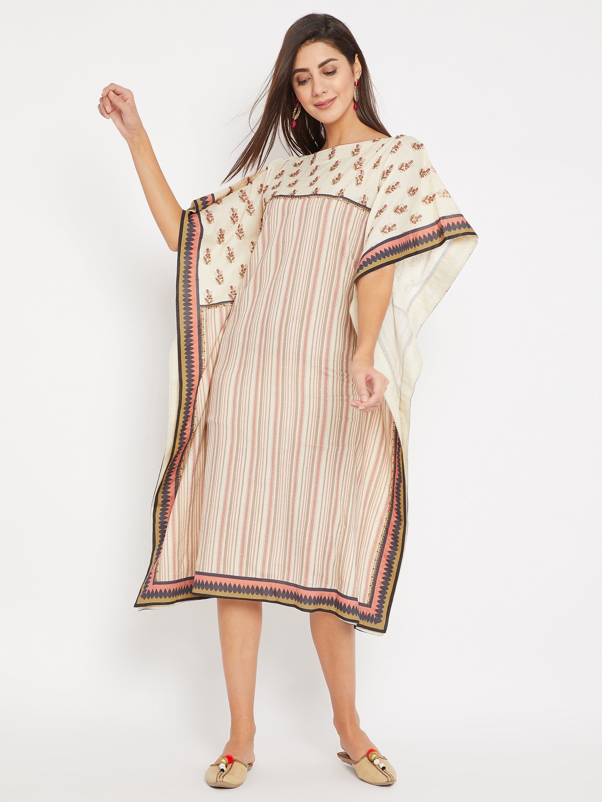 The Kaftan Company Dresses Embroidered Buta with Stripes Linen Kaftan Dress