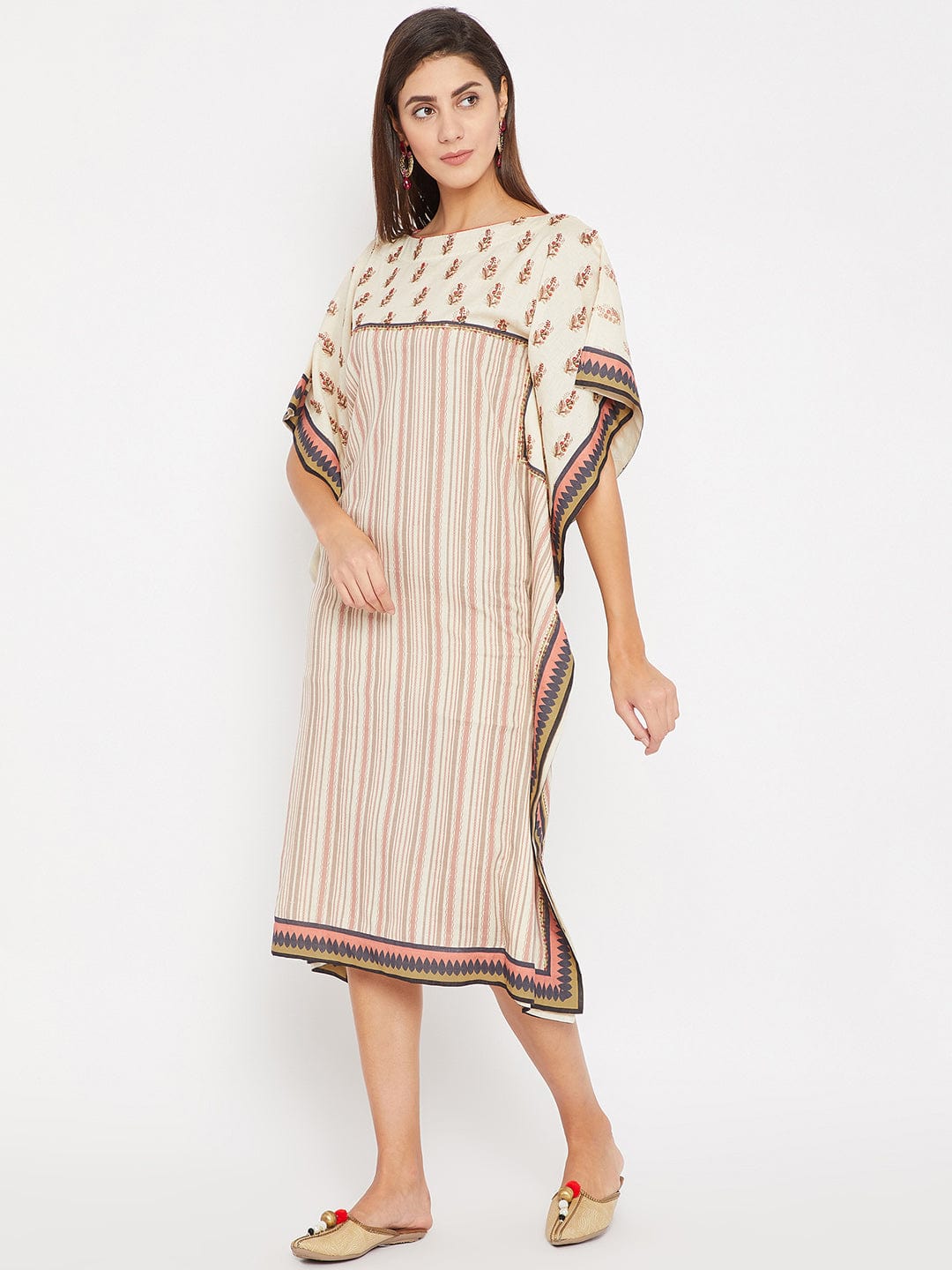 The Kaftan Company Dresses Embroidered Buta with Stripes Linen Kaftan Dress