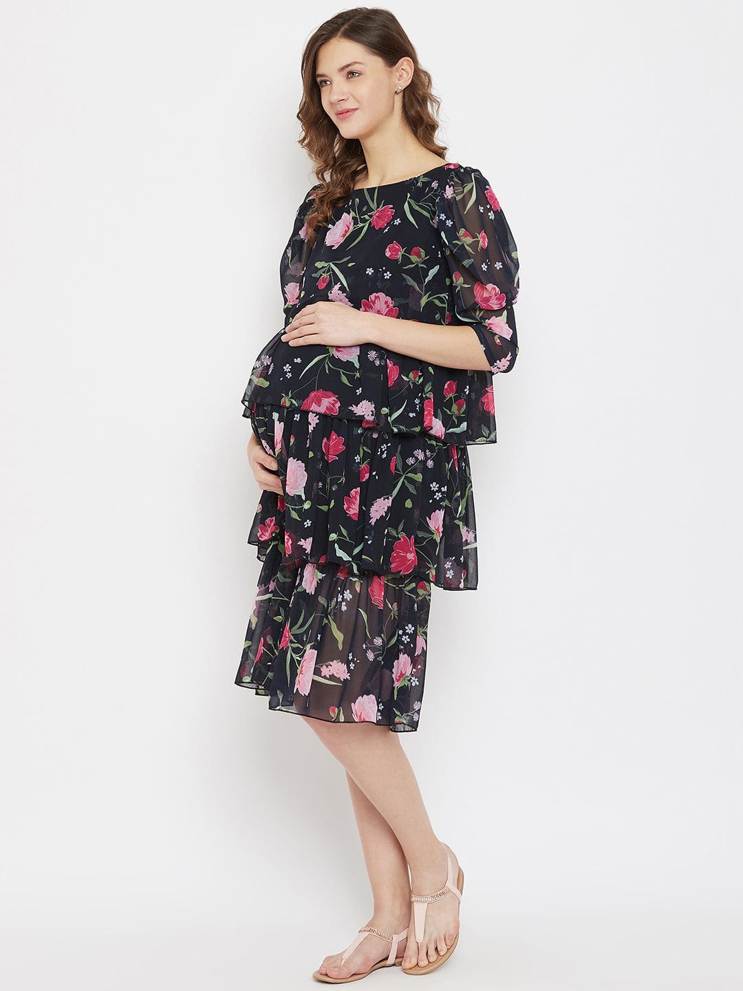 The Kaftan Company Dresses Floral Georgette Black Layered Maternity Dress - (Clearance - Final Sale)