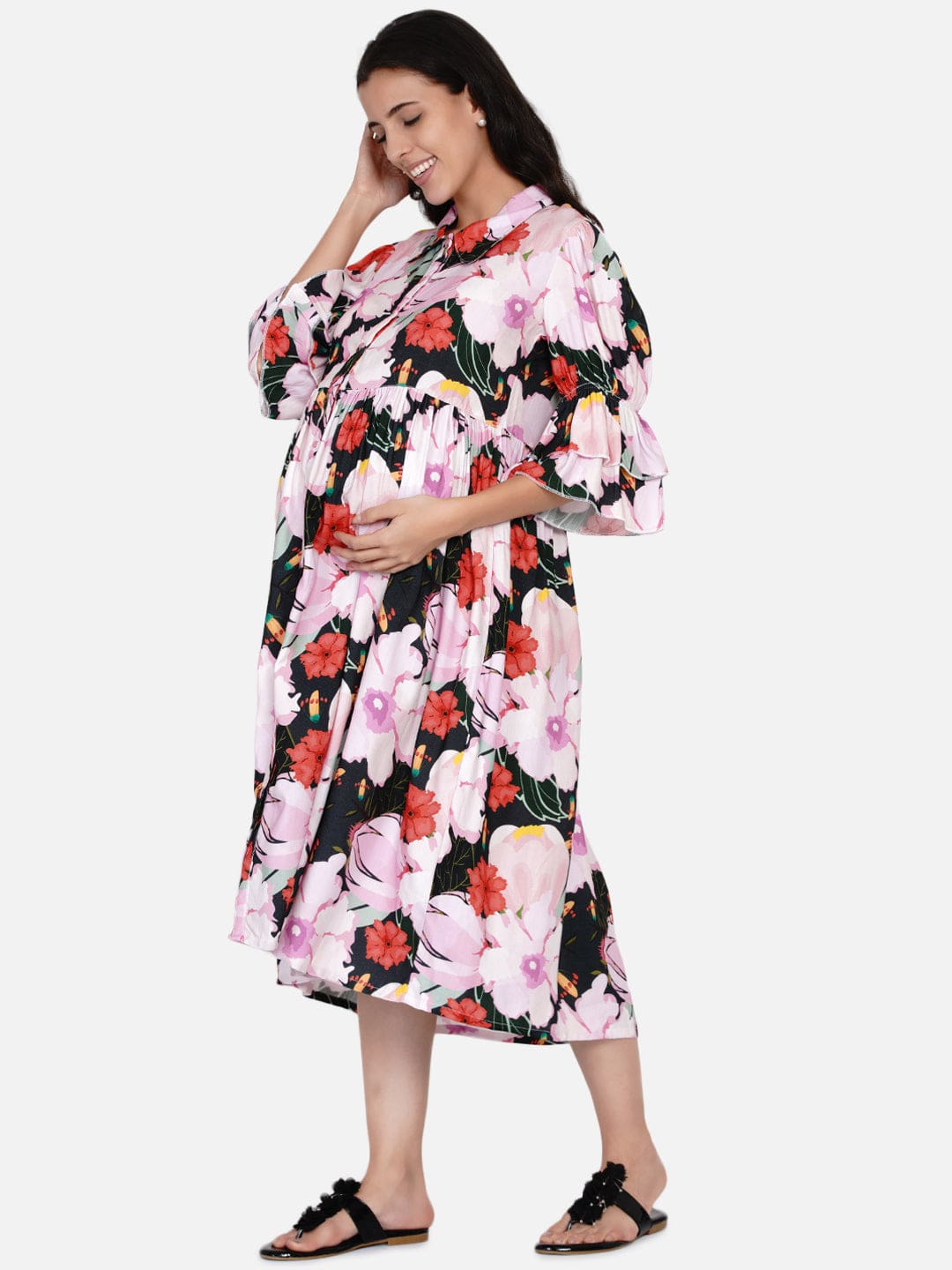 The Kaftan Company Dresses Forest Floral Shirt Collar Maternity and Nursing Dress