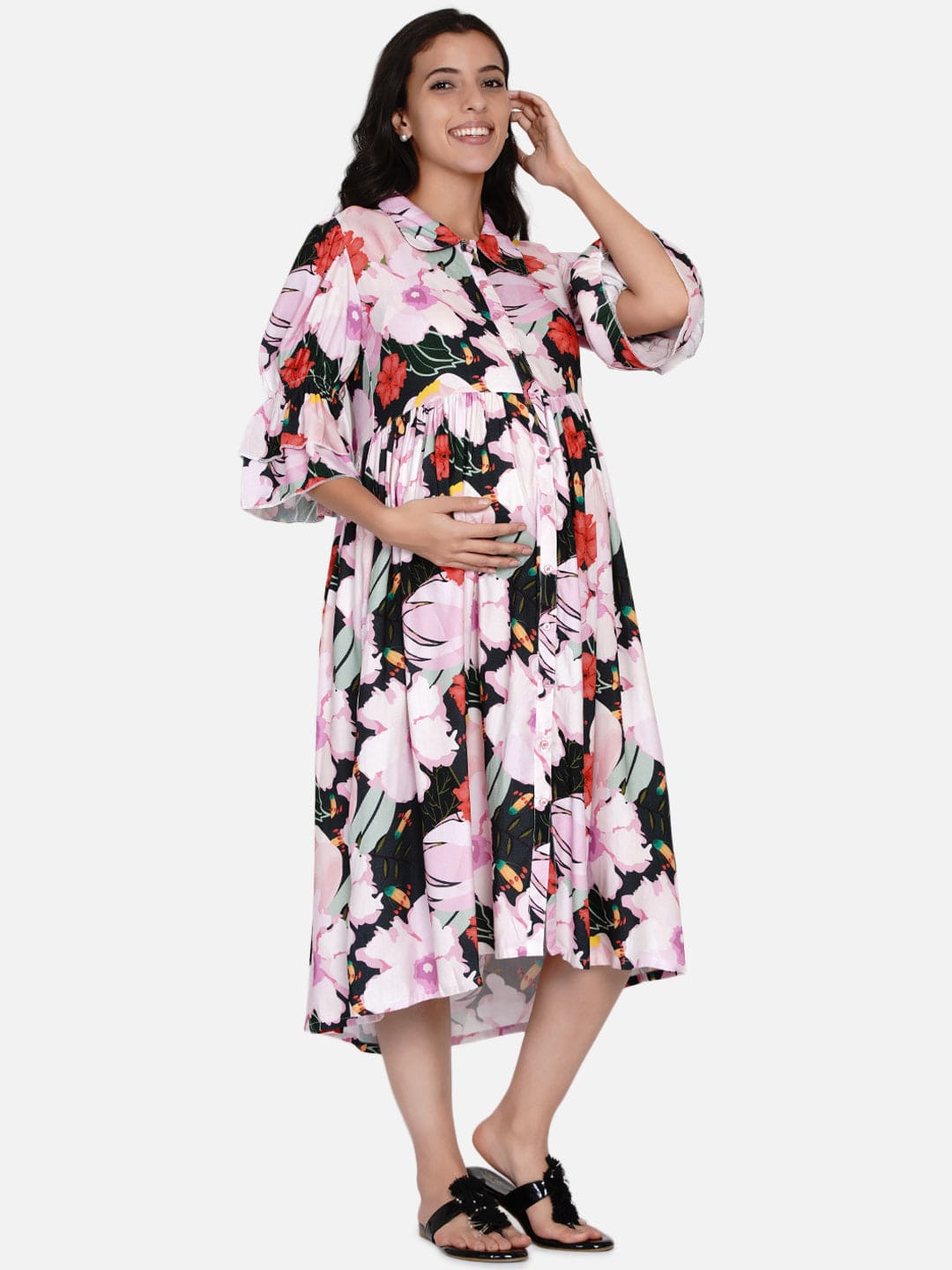 The Kaftan Company Dresses Forest Floral Shirt Collar Maternity and Nursing Dress