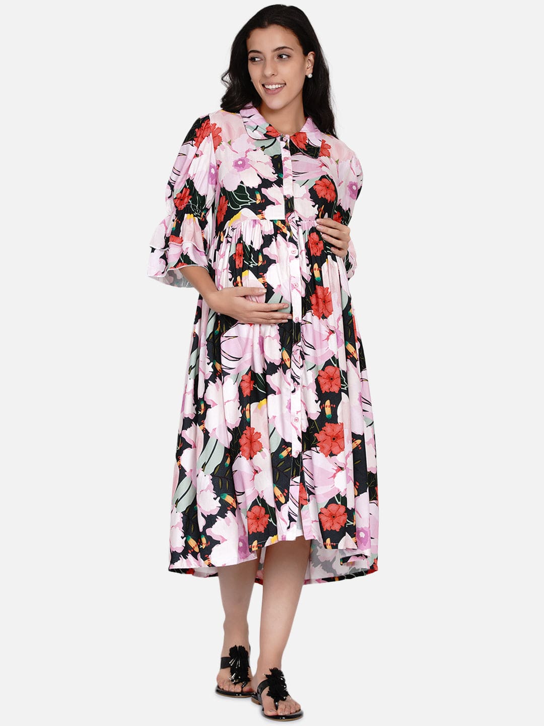 The Kaftan Company Dresses Forest Floral Shirt Collar Maternity and Nursing Dress
