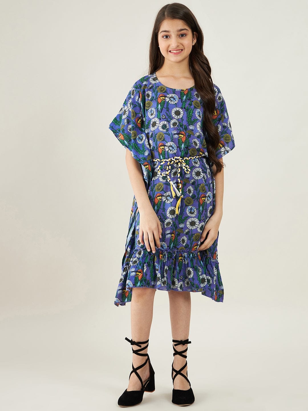 The Kaftan Company Dresses Girls Blue Kingfisher and Flower Kaftan Dress