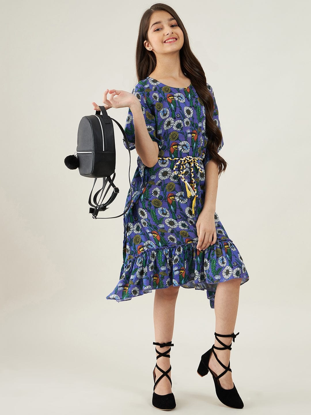 The Kaftan Company Dresses Girls Blue Kingfisher and Flower Kaftan Dress