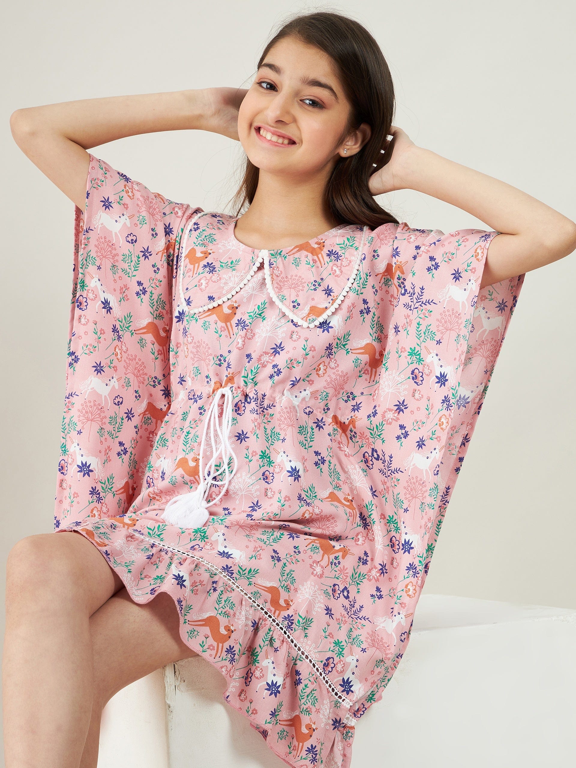 The Kaftan Company Dresses Girls Pink Unicorns and Flowers Kaftan Dress