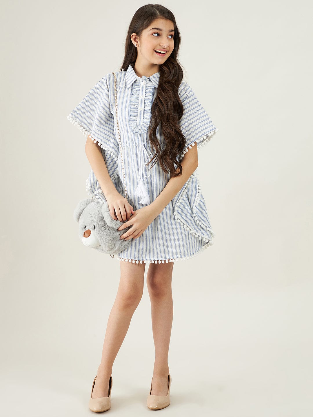 The Kaftan Company Dresses Girls White And Blue Stripes Dobby Kaftan Dress