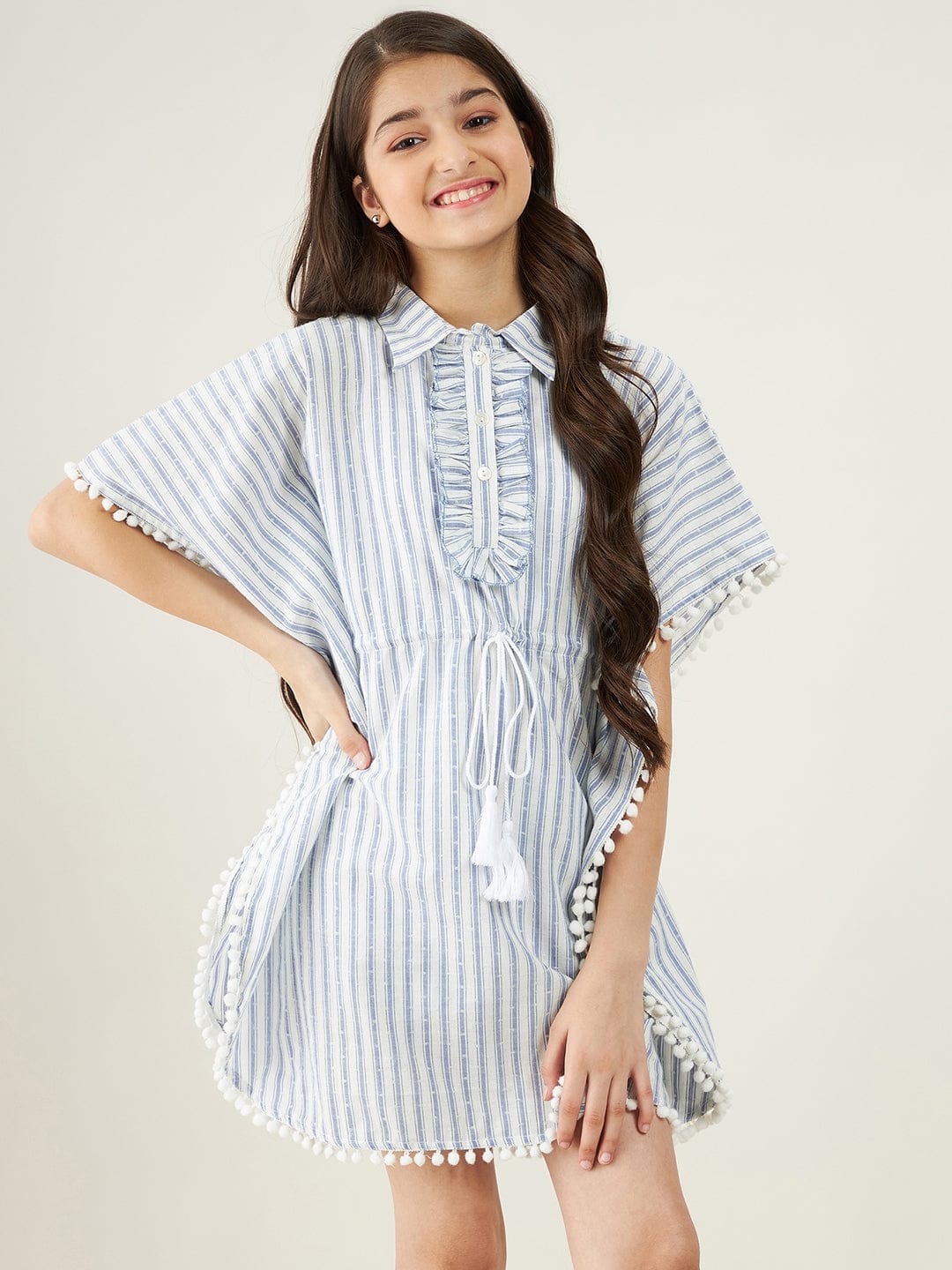 The Kaftan Company Dresses Girls White And Blue Stripes Dobby Kaftan Dress