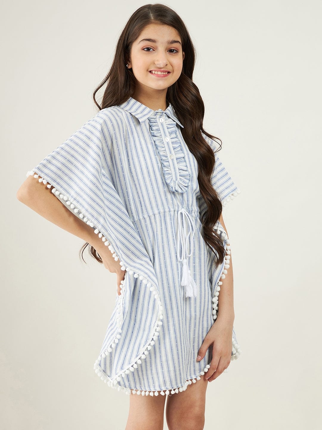 The Kaftan Company Dresses Girls White And Blue Stripes Dobby Kaftan Dress