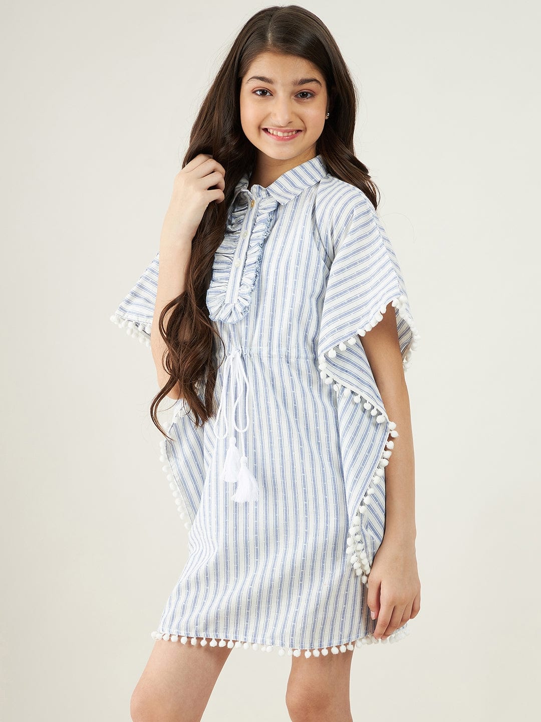 The Kaftan Company Dresses Girls White And Blue Stripes Dobby Kaftan Dress