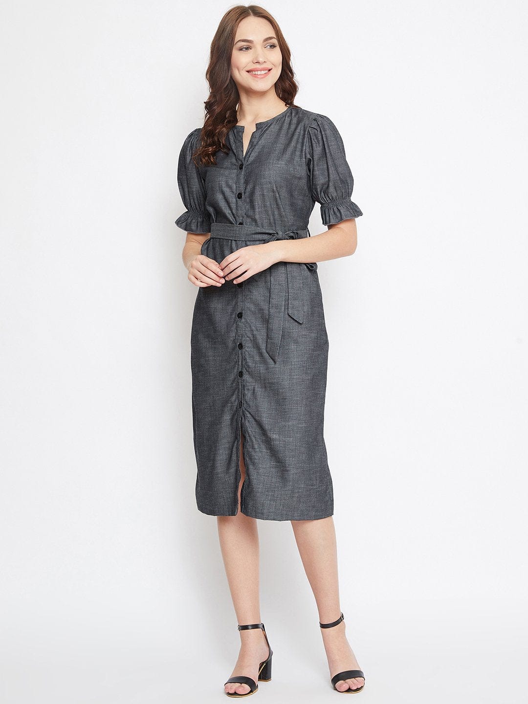 The Kaftan Company Dresses GREY DENIM WORKWEAR DRESS WITH BELT(Final Sale)