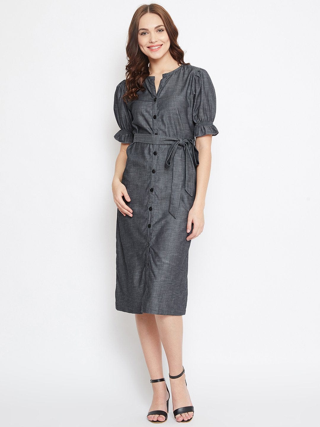 The Kaftan Company Dresses GREY DENIM WORKWEAR DRESS WITH BELT(Final Sale)