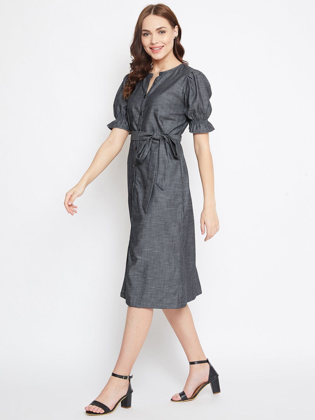 The Kaftan Company Dresses GREY DENIM WORKWEAR DRESS WITH BELT(Final Sale)