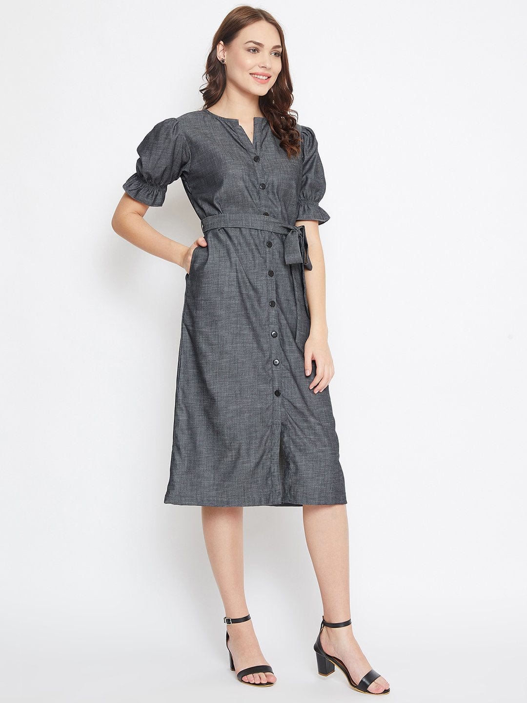 The Kaftan Company Dresses GREY DENIM WORKWEAR DRESS WITH BELT(Final Sale)