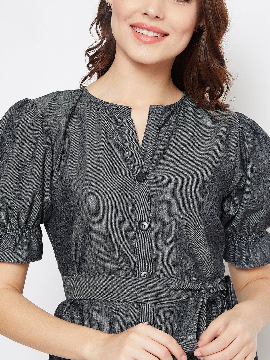 The Kaftan Company Dresses GREY DENIM WORKWEAR DRESS WITH BELT(Final Sale)