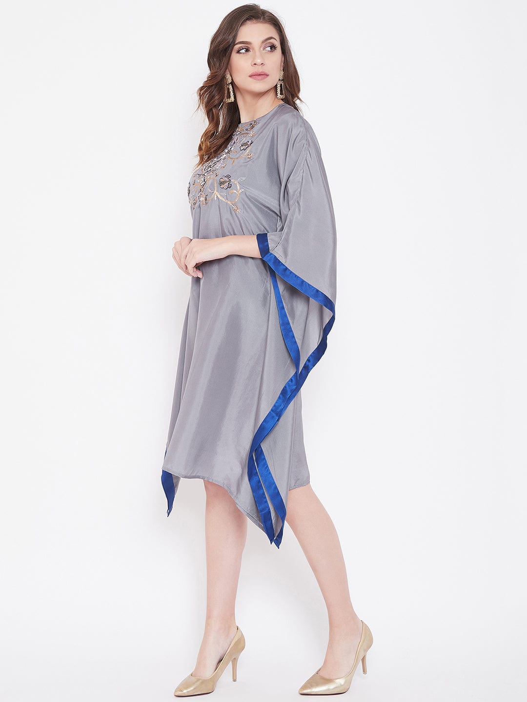 The Kaftan Company Dresses Hand Embroidered Grey Silk Kaftan Dress