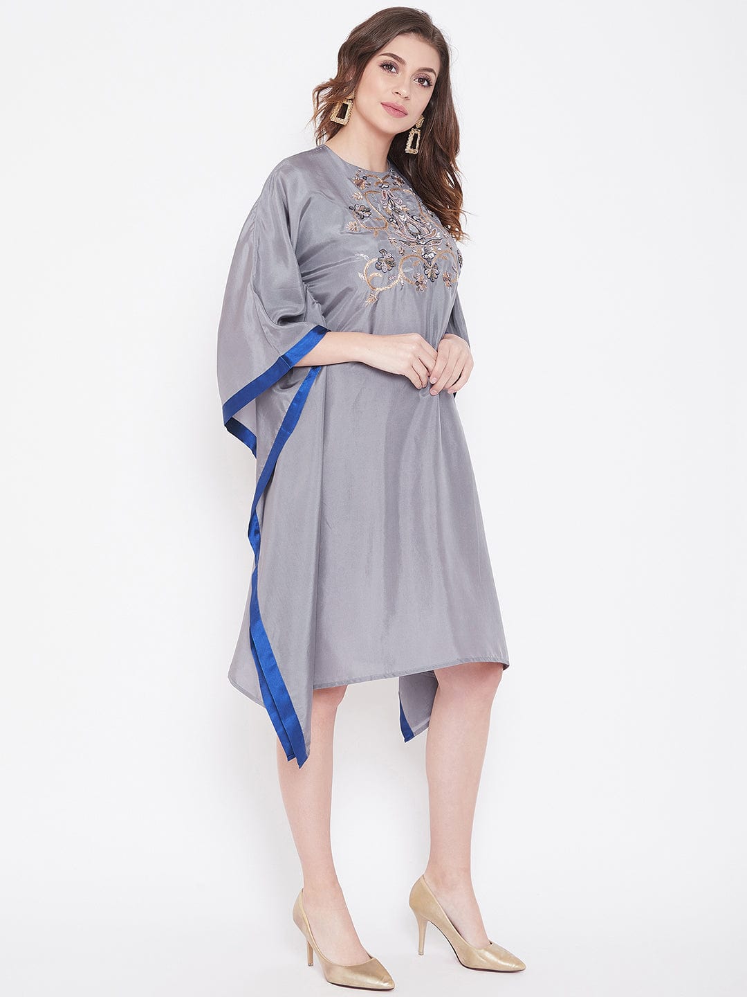 The Kaftan Company Dresses Hand Embroidered Grey Silk Kaftan Dress
