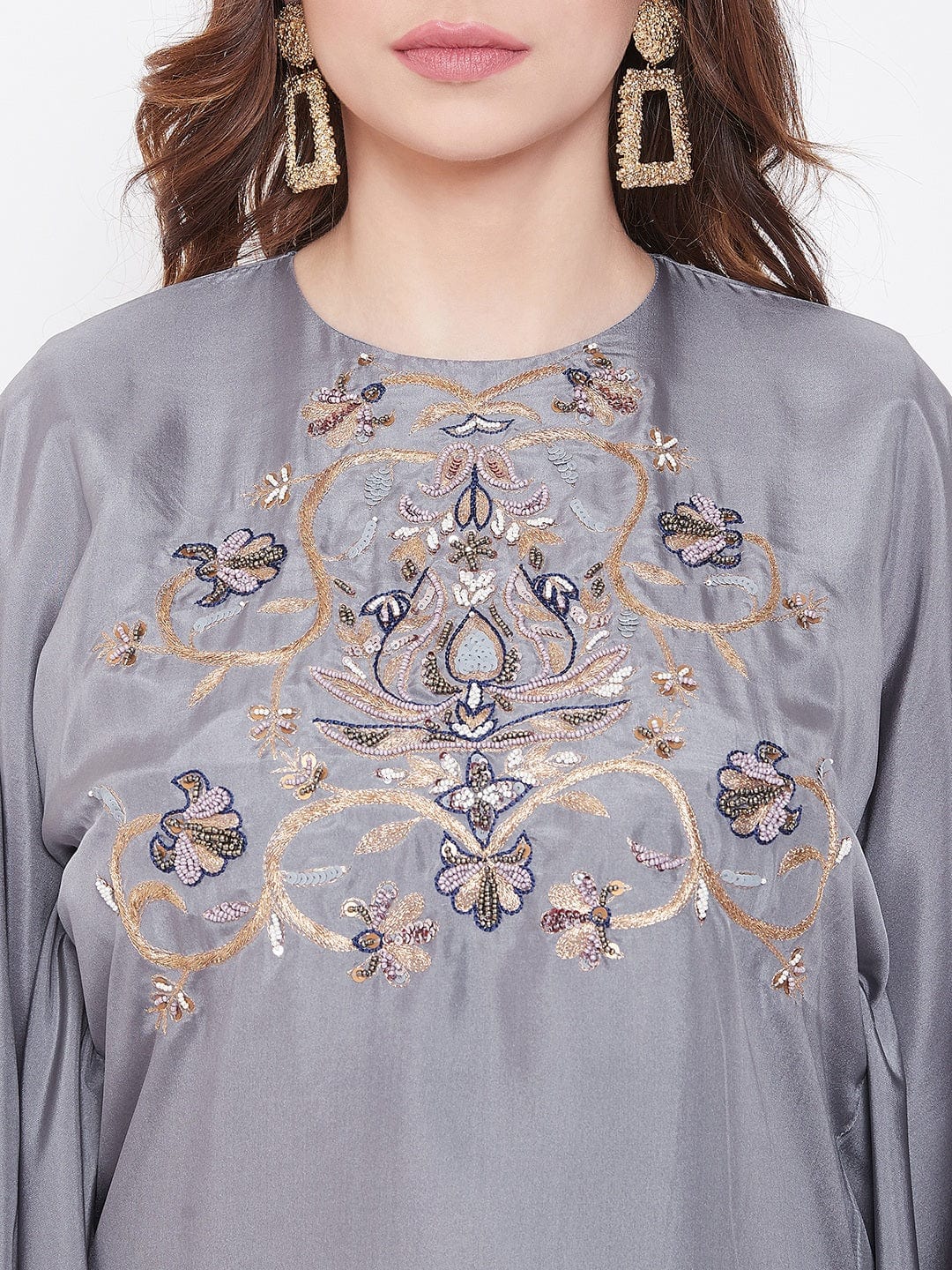 The Kaftan Company Dresses Hand Embroidered Grey Silk Kaftan Dress
