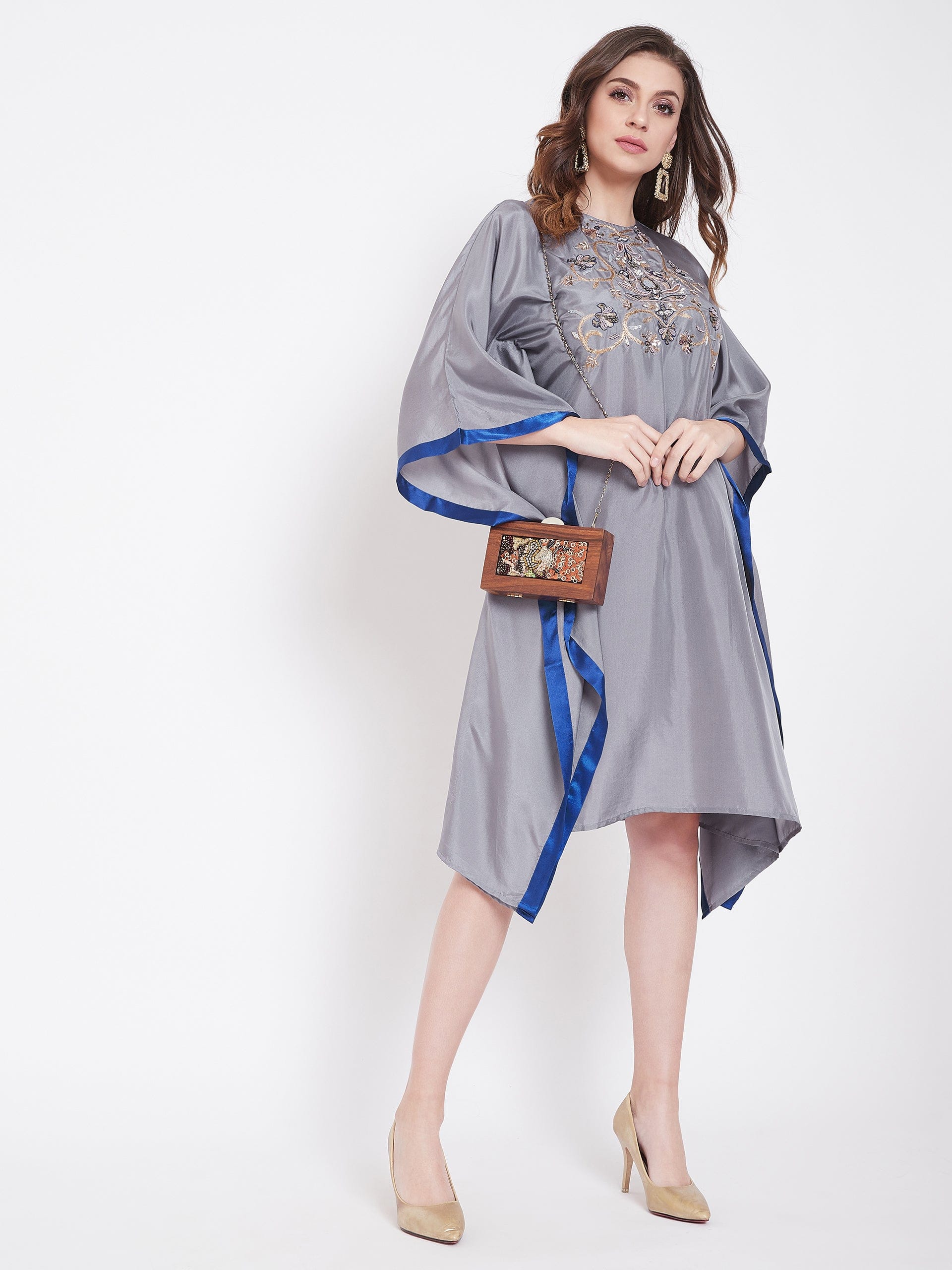The Kaftan Company Dresses Hand Embroidered Grey Silk Kaftan Dress