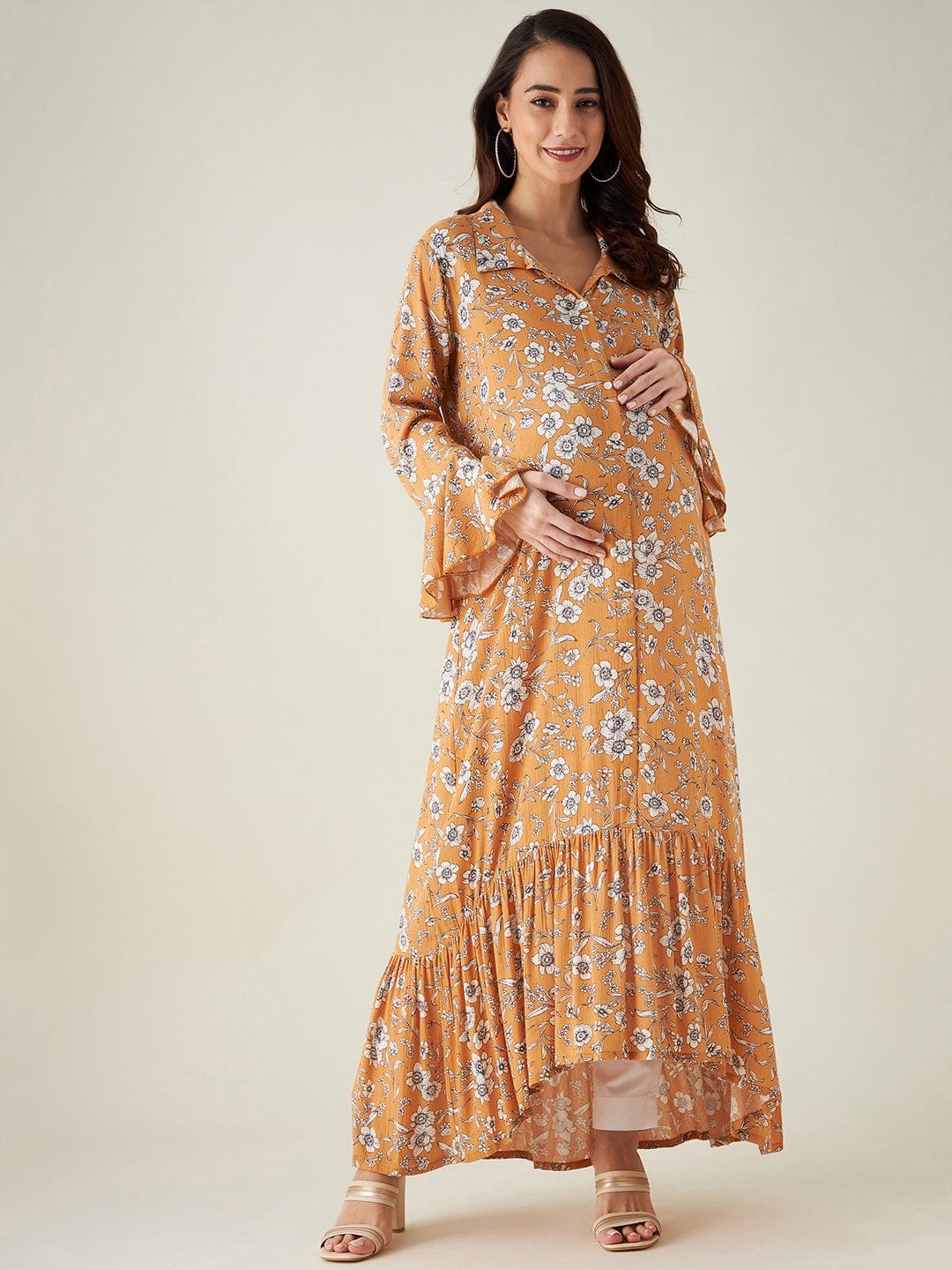 The Kaftan Company Dresses Mustard Floral Print Maternity dress