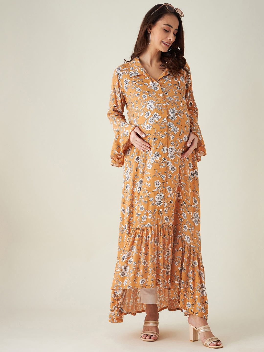 The Kaftan Company Dresses Mustard Floral Print Maternity dress