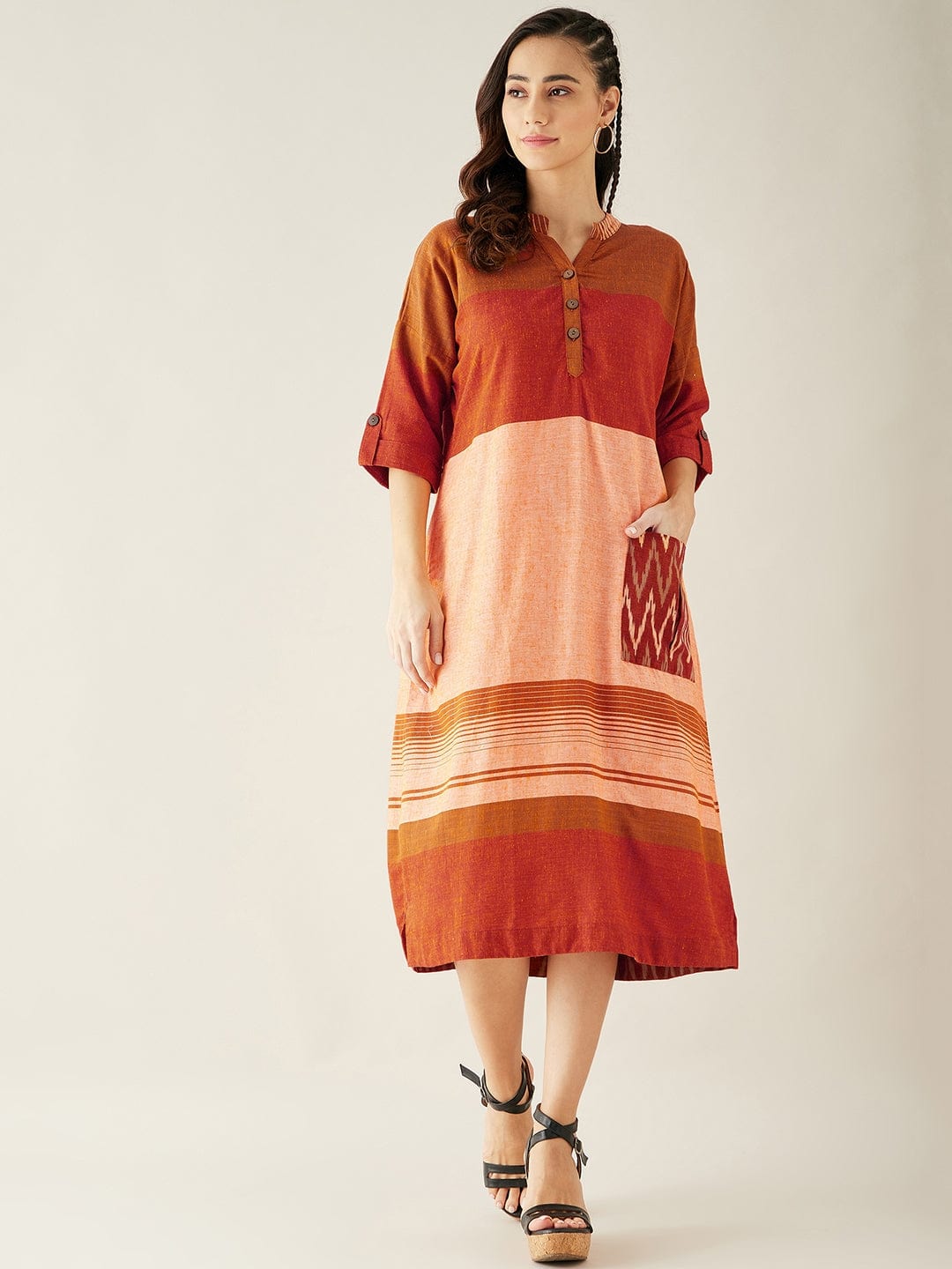 The Kaftan Company Dresses Orange and Peach Straight Cut Knee Length Dress